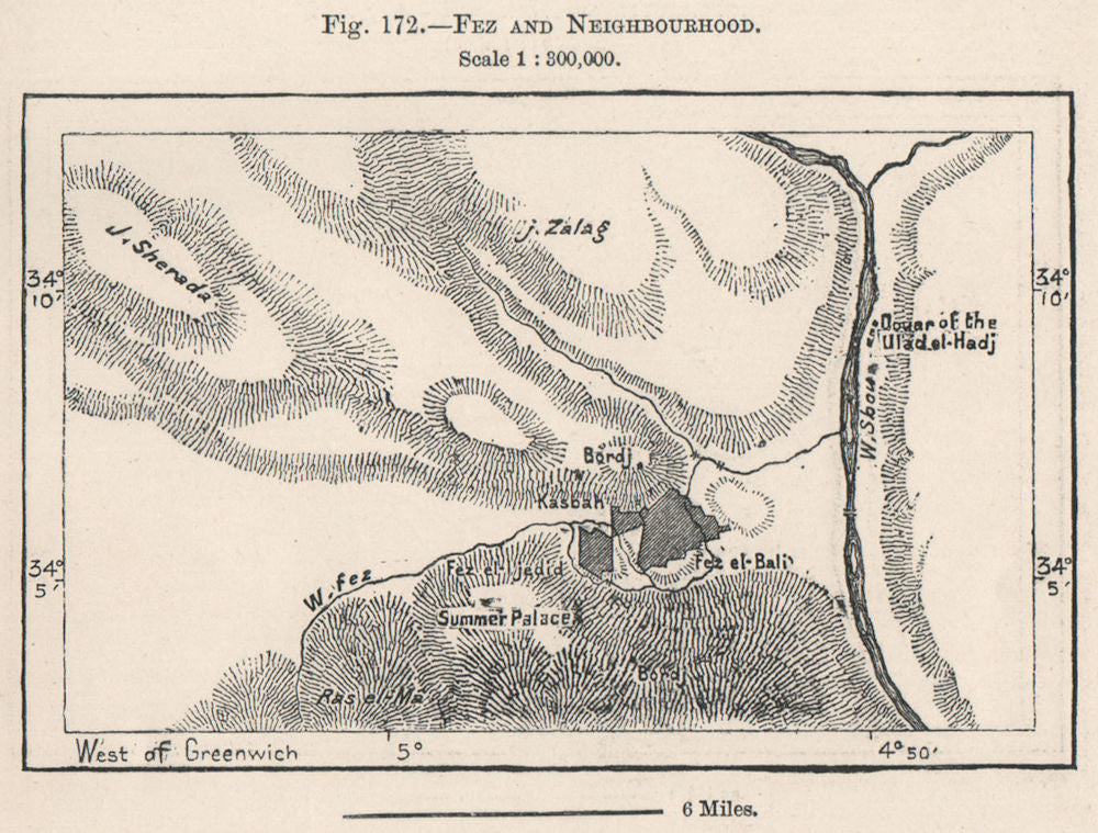Fes and Neighbourhood. Morocco 1885 old antique vintage map plan chart